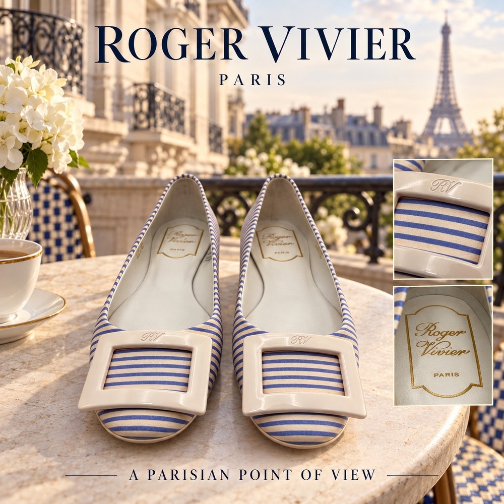 Roger Vivier Gommette Blue White Striped Buckle Ballerina Flats Size 37.5